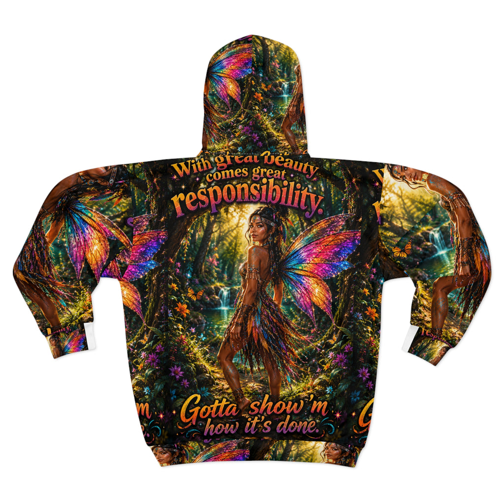 "With Great Beauty Comes Great Responsibility" Native Pixie AOP Zip Hoodie