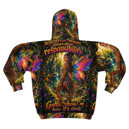 "With Great Beauty Comes Great Responsibility" Native Pixie AOP Zip Hoodie