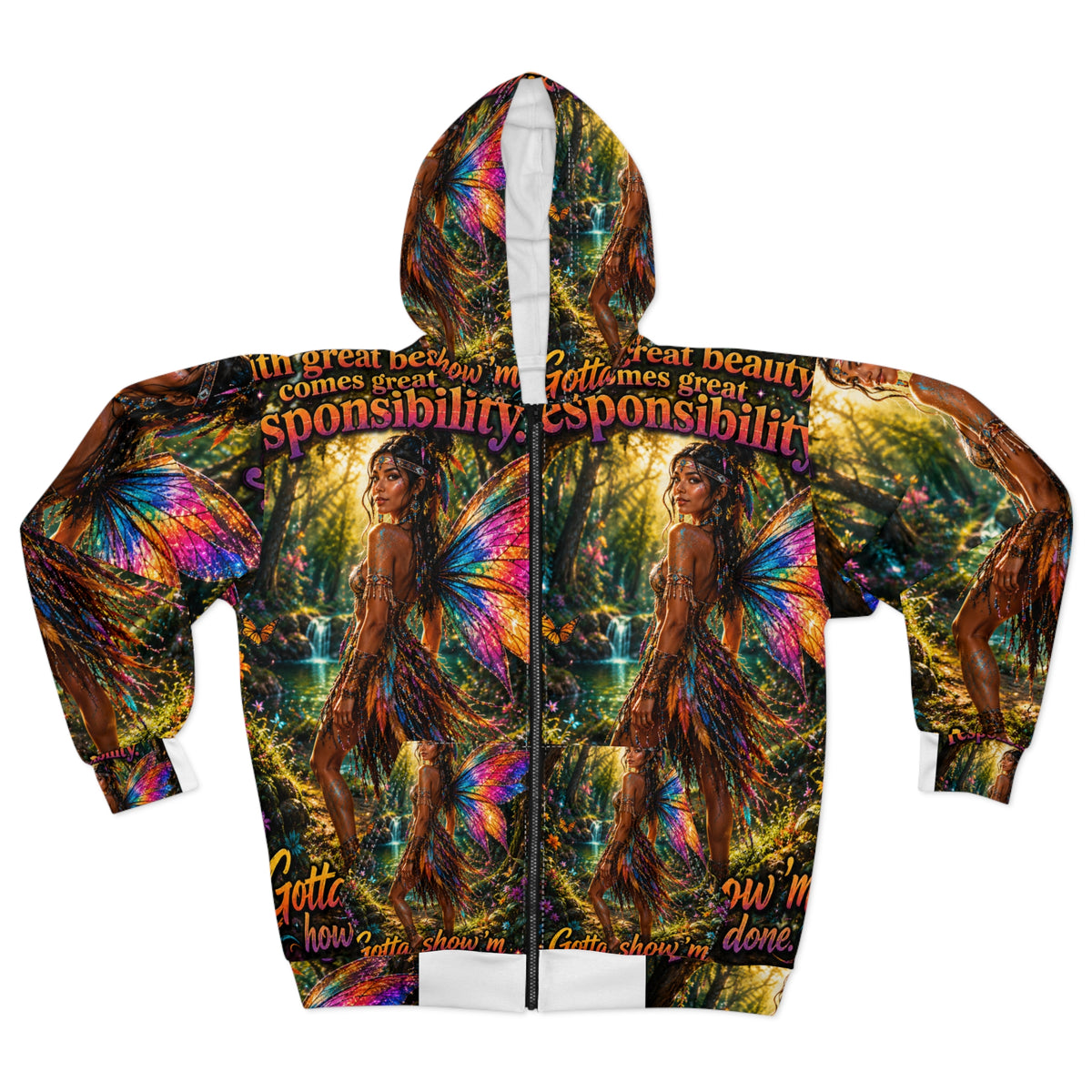 "With Great Beauty Comes Great Responsibility" Native Pixie AOP Zip Hoodie